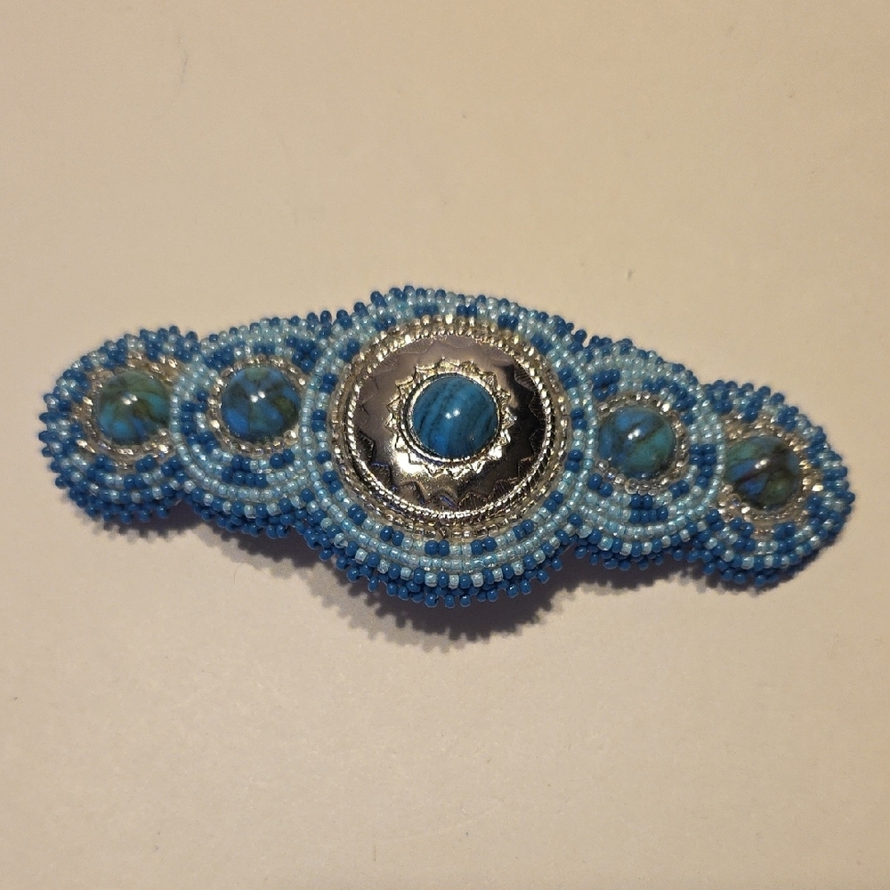 Vintage Blue Beaded And Faux Turquoise Hair Barrett 4.5 Inches Wide